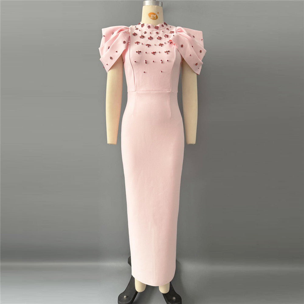 Lotus Leaf Sleeve Rhinestone Bandage One Piece Dress Ladies Party Cocktail Elegant Formal Dress
