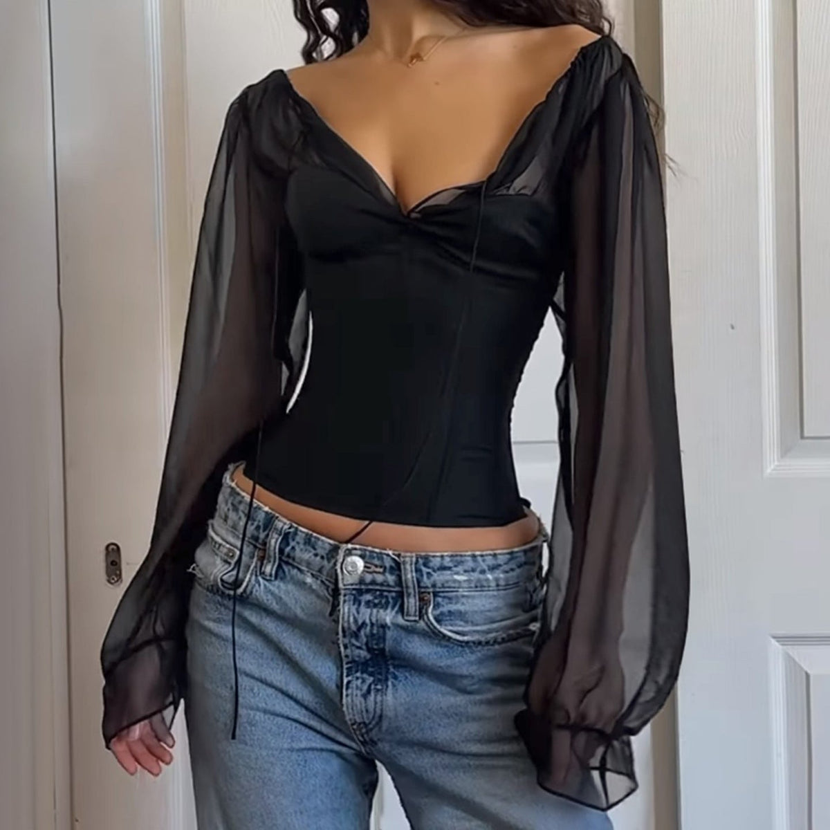 Women Clothing Palace Sexy V neck Pleated T shirt Chiffon Tight Waist Slim Fit Puff Sleeve Top Autumn