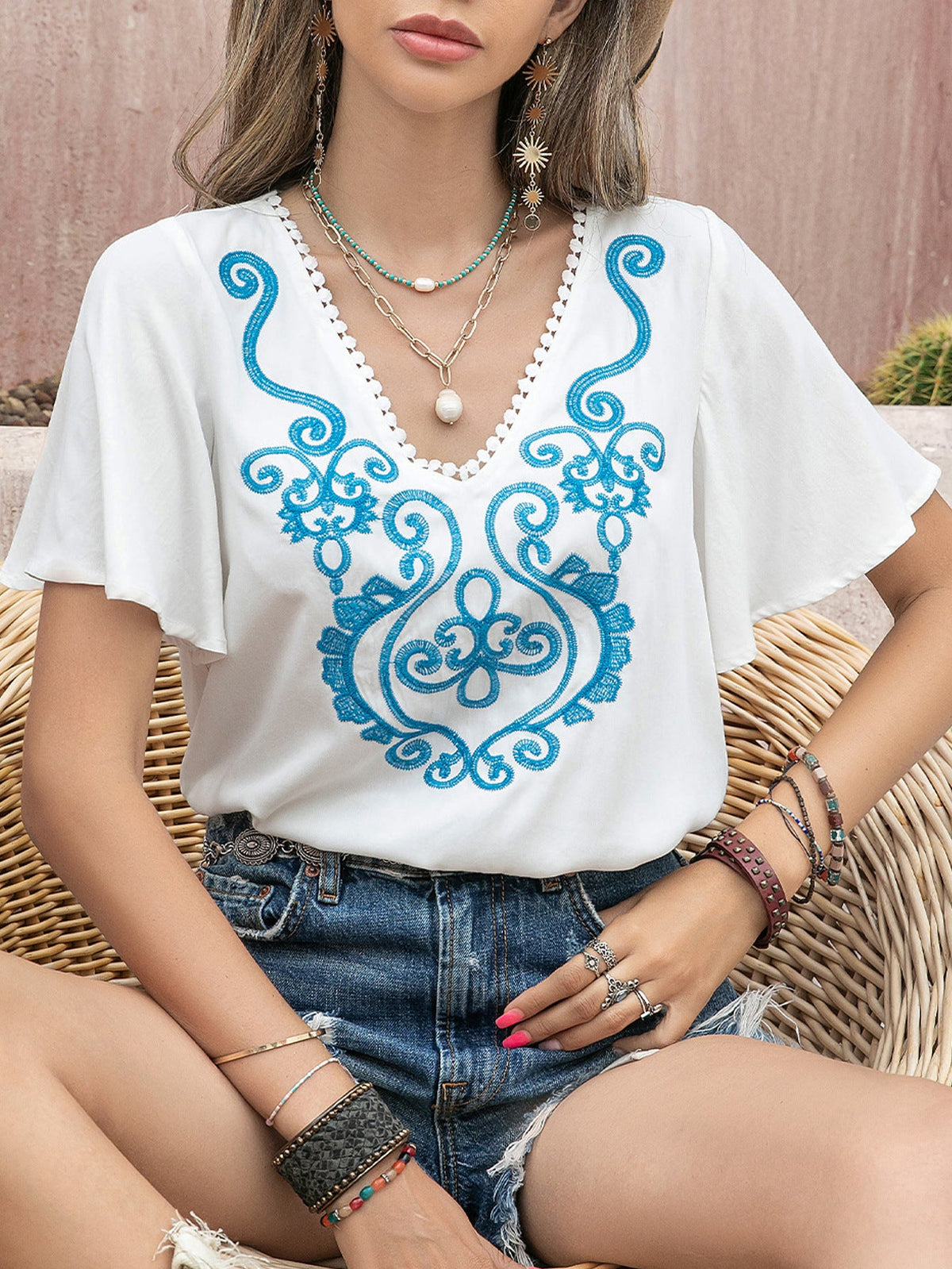 Bohemian Beach Casual Embroidered Front Middle Strap Women Top