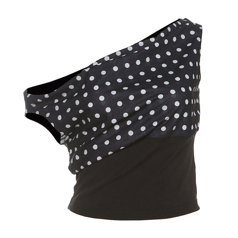 Summer Women Clothing Retro Gentle Dot Sexy One Shoulder Cropped Waist Controlled Top Women