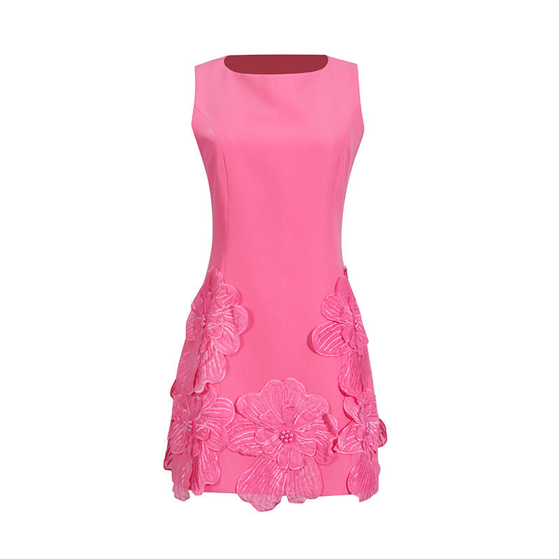 French Sweet Date Short Dress Summer round Neck Sleeveless Waist Design Three Dimensional Floral Dress