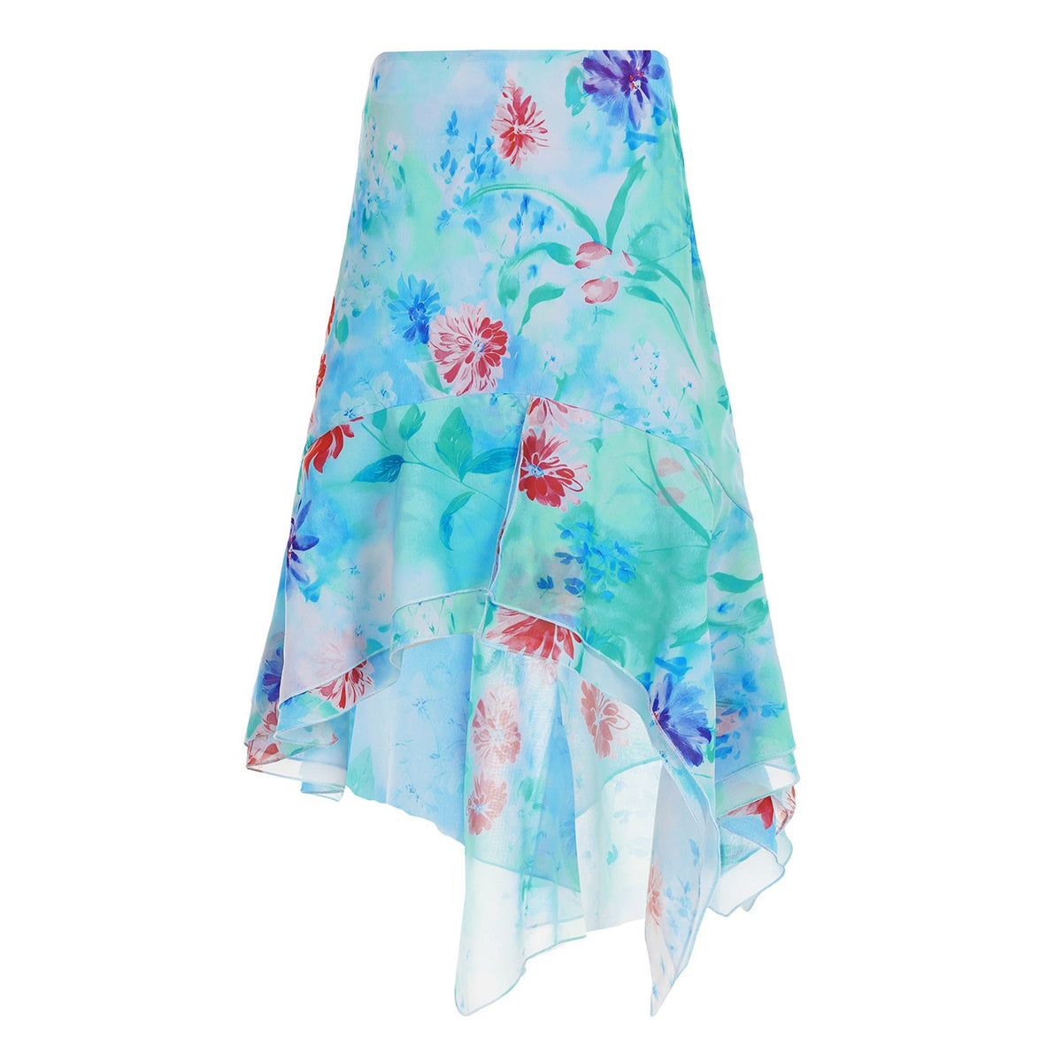 Vacation Floral Color Skirt Women Summer Irregular Asymmetric Design Oil Painting Mesh Midi Skirt