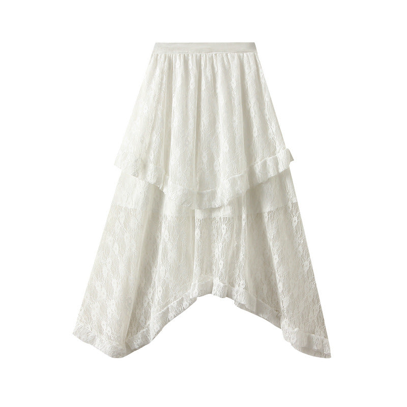 Lace Skirt Women Summer High Waist Drooping Mid Length Irregular Asymmetric Mesh Fairy Skirt