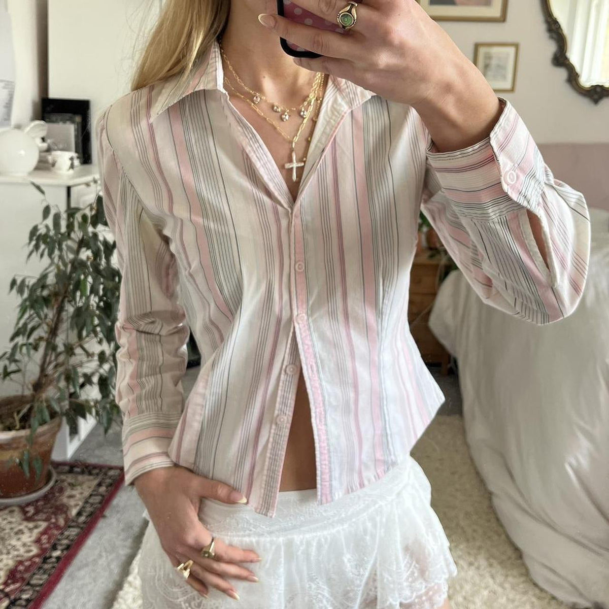 Autumn Polo Collar Breasted Cardigan Long Sleeve Shirt Slim Fit All Matching Striped Top