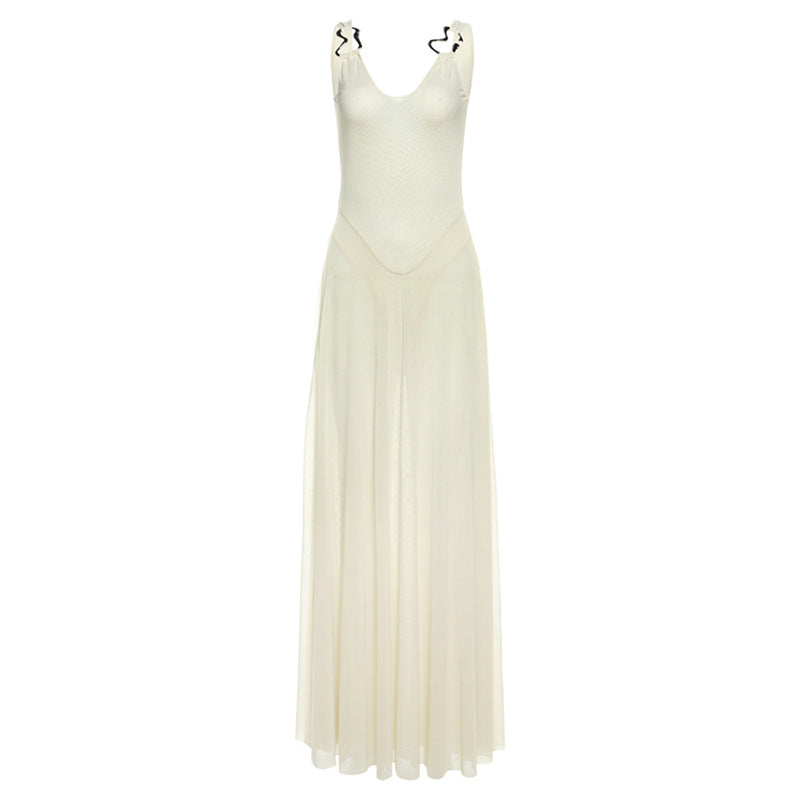 Spring Sexy Slim V neck Backless Strap Mesh Dress