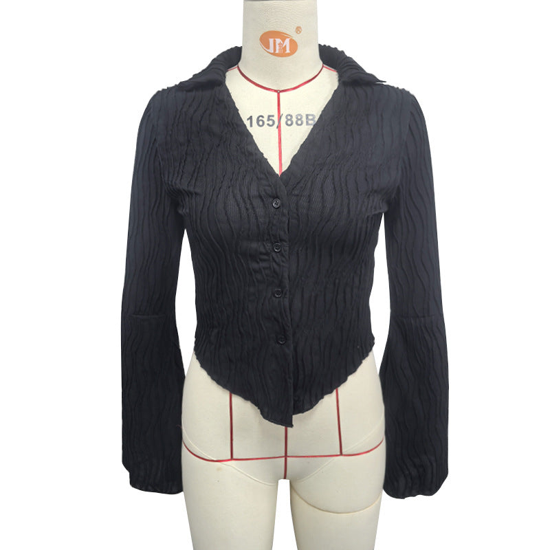 Spring Mechanism Jacquard Shirt Women Sexy Slim Collared Women Cardigan Bell Sleeve Top