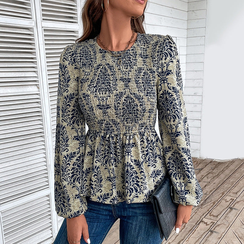 Women Clothing Autumn Slim Fit Long Sleeved Printed Top