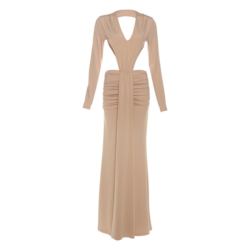 Fall Women Clothing Solid Color V-neck Sexy Backless Long Sleeves Split Pleated Dress