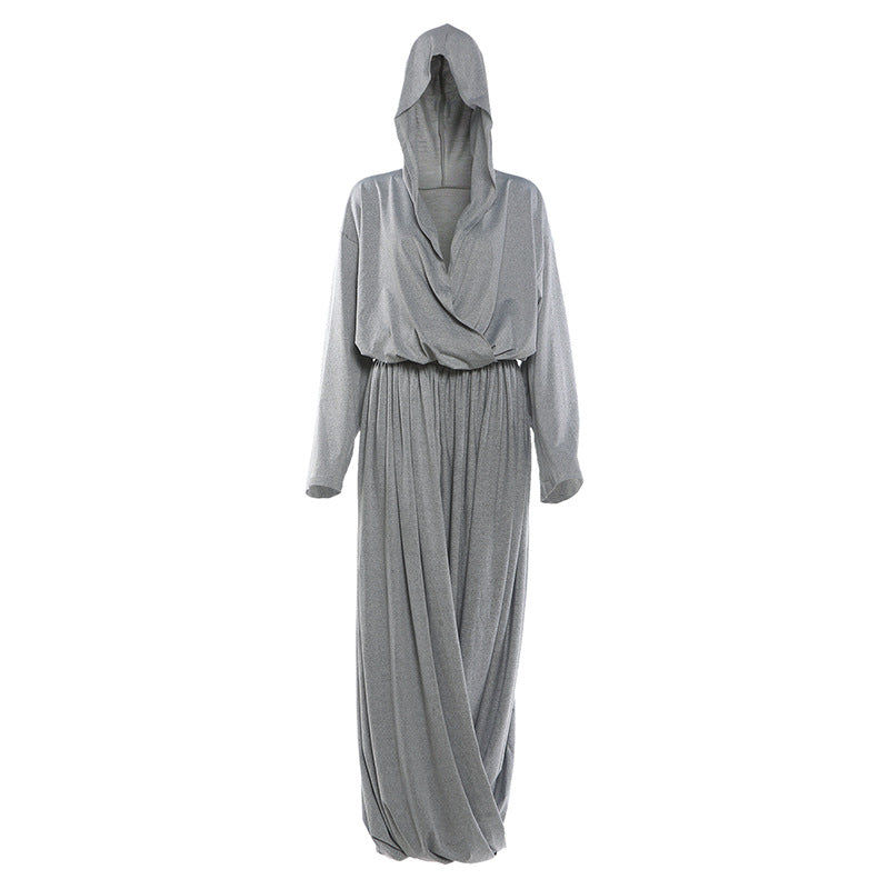 Summer Women Clothing Solid Color Idle Hooded Long Sleeve Top Pleated Loose Maxi Skirt Set