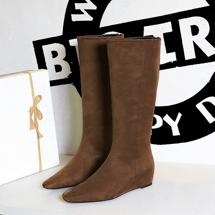 Women Over The Knee Boots Simple All-Match Middle Heel Wedge Height Increasing ole Suede High Leg Boot