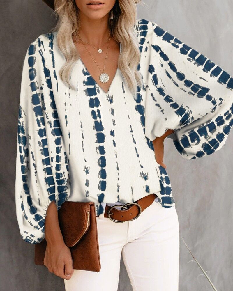 Spring Summer Women V-neck Lantern Sleeve Printed Long-Sleeved Top