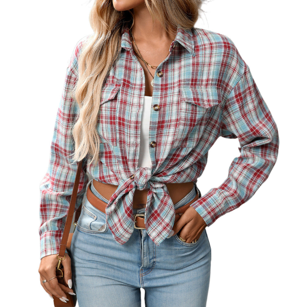 Autumn Winter Women Clothing Casual Loose Plaid Pocket Shirt for Women