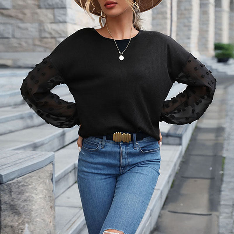 Autumn Winter Solid Color Top Women Black Lace Stitching Knitwear
