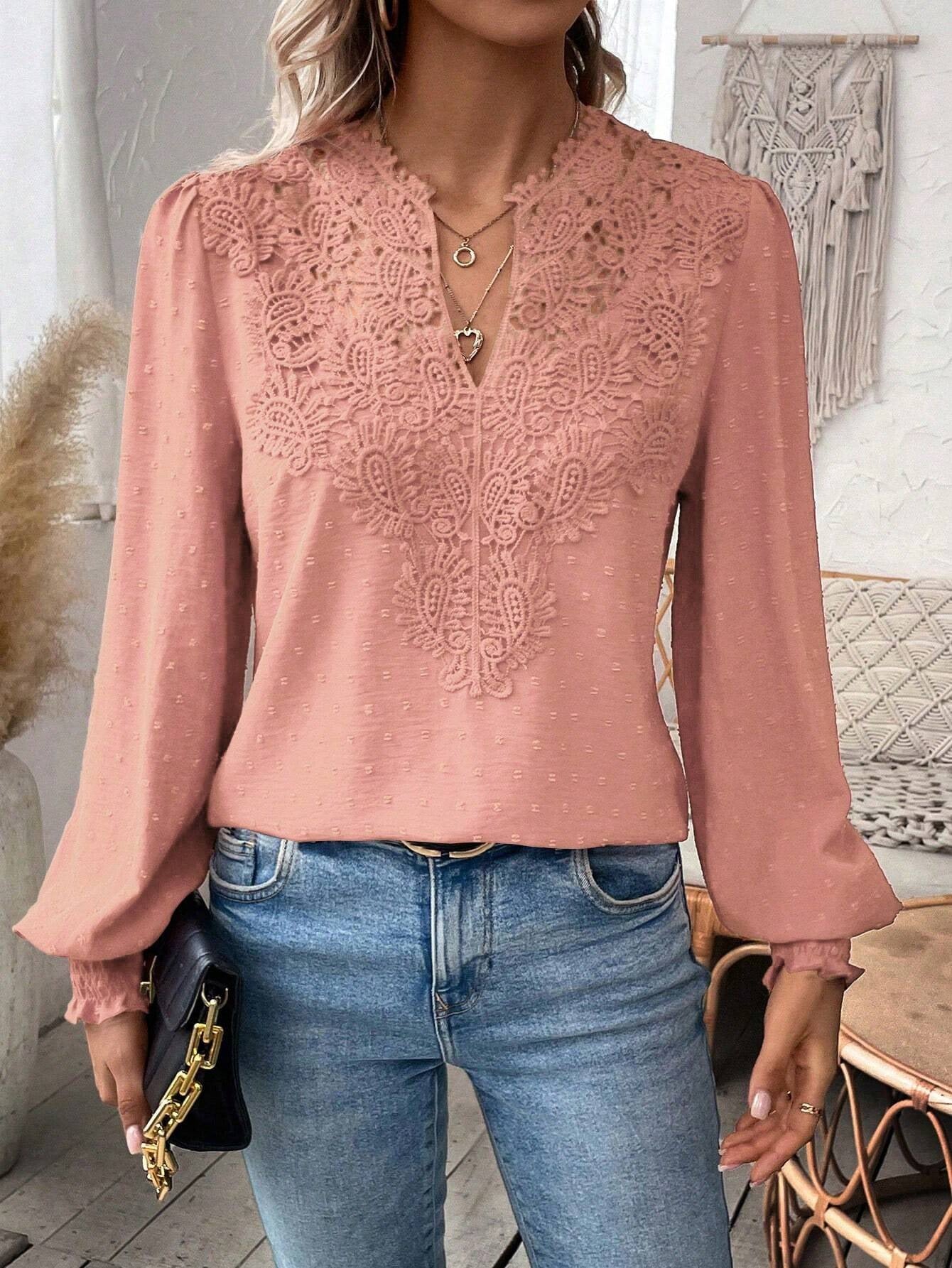 Autumn Winter V neck Lace Solid Color Long Sleeve Casual T Women Top