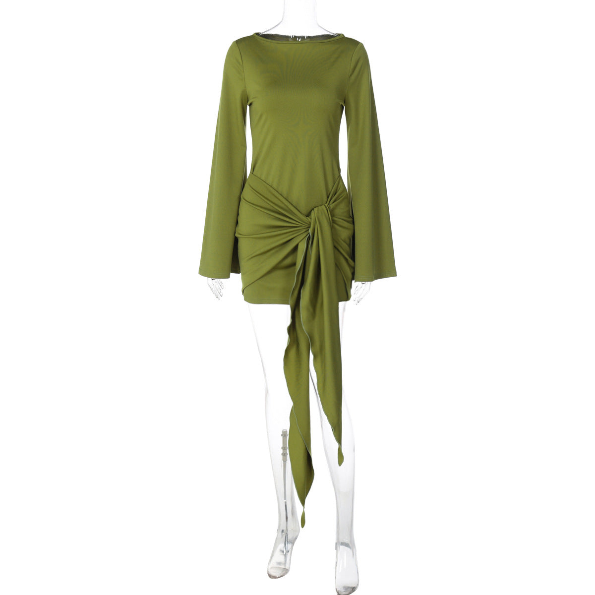 Women Clothing Autumn Solid Color round Neck Pleated Lace up Long Sleeved Slim Fit Short Dress