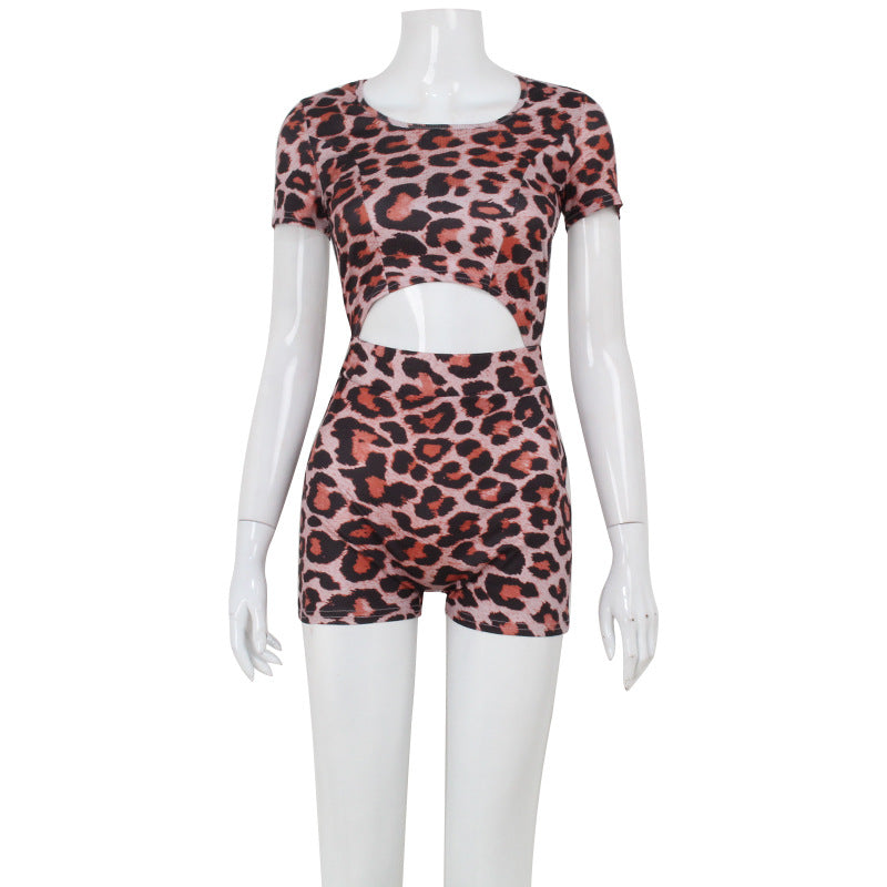 Summer Women Sexy Leopard Print Short Sleeve Backless Romper Sexy Jumpsuit for Women