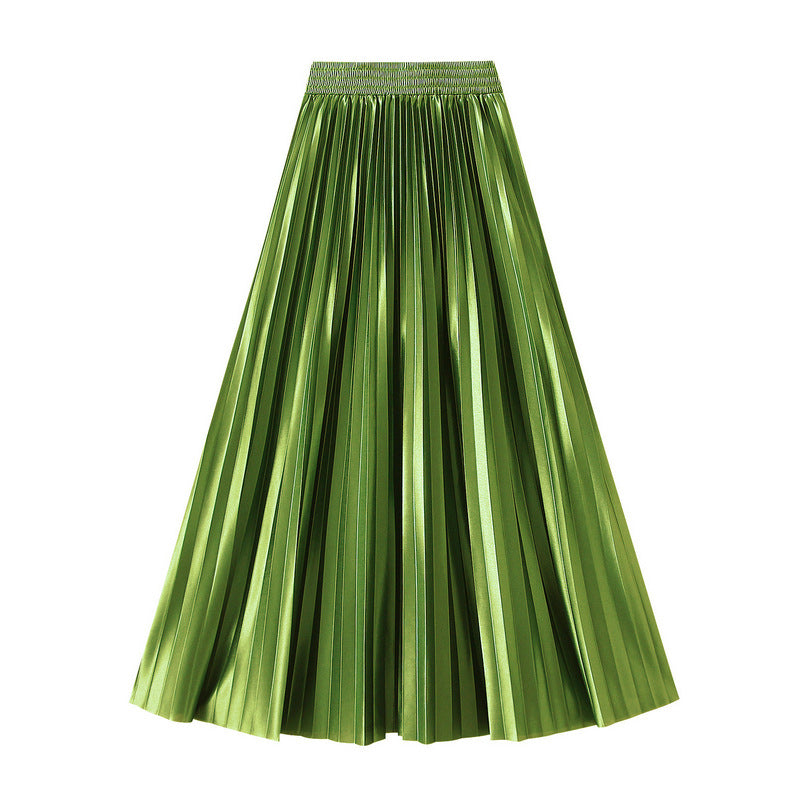 Slimming Spring Glossy Glossy High Waist Pleated A line Slimming Long Skirt Women Skirt