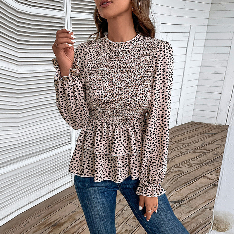 Autumn Women Clothing Mid Collar Printed Long Sleeve Shirt
