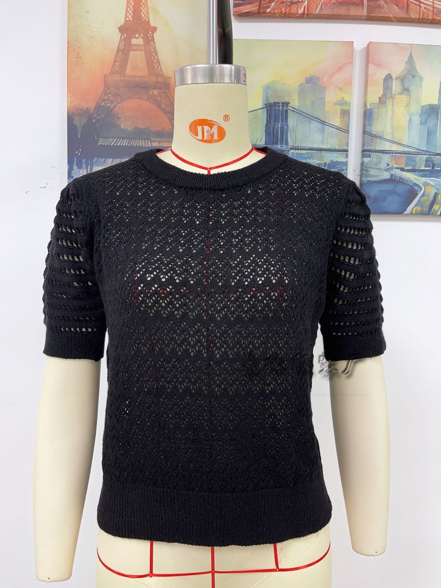 Hollow Out Cutout Spring Summer Pullover Sweater Women Short Sleeve Solid Color Women Knitwear