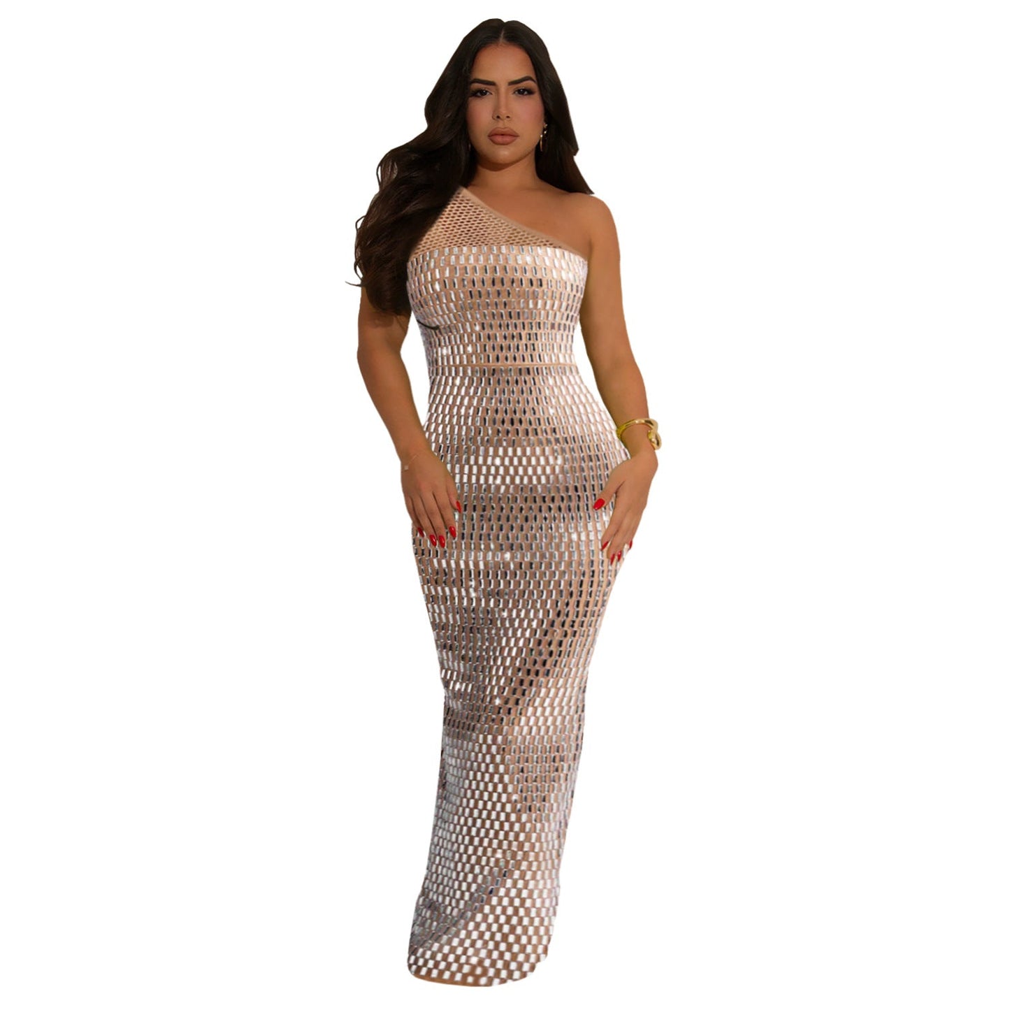 Women Wear Sexy Mesh Rhinestone Shoulder Sleeveless Dress