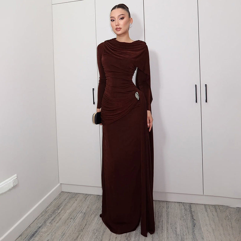 Autumn Winter Slim Fitted Waist Pleated Ribbon Solid Color Maxi Dress