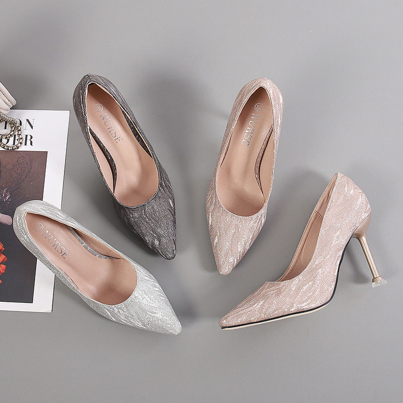 Korean Cocktail High Heels Metal Heel High Heel Low Cut Pointed Shining Sequin Cloth Pumps