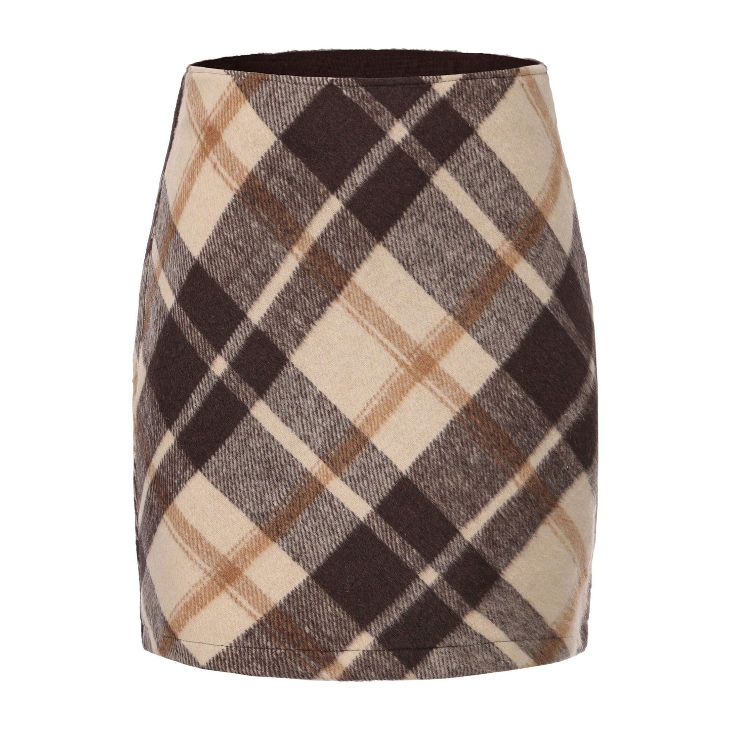 Women Clothing Autumn Winter Woolen Skirt Plaid High Waist Elastic Solid Color Zipper Skirt