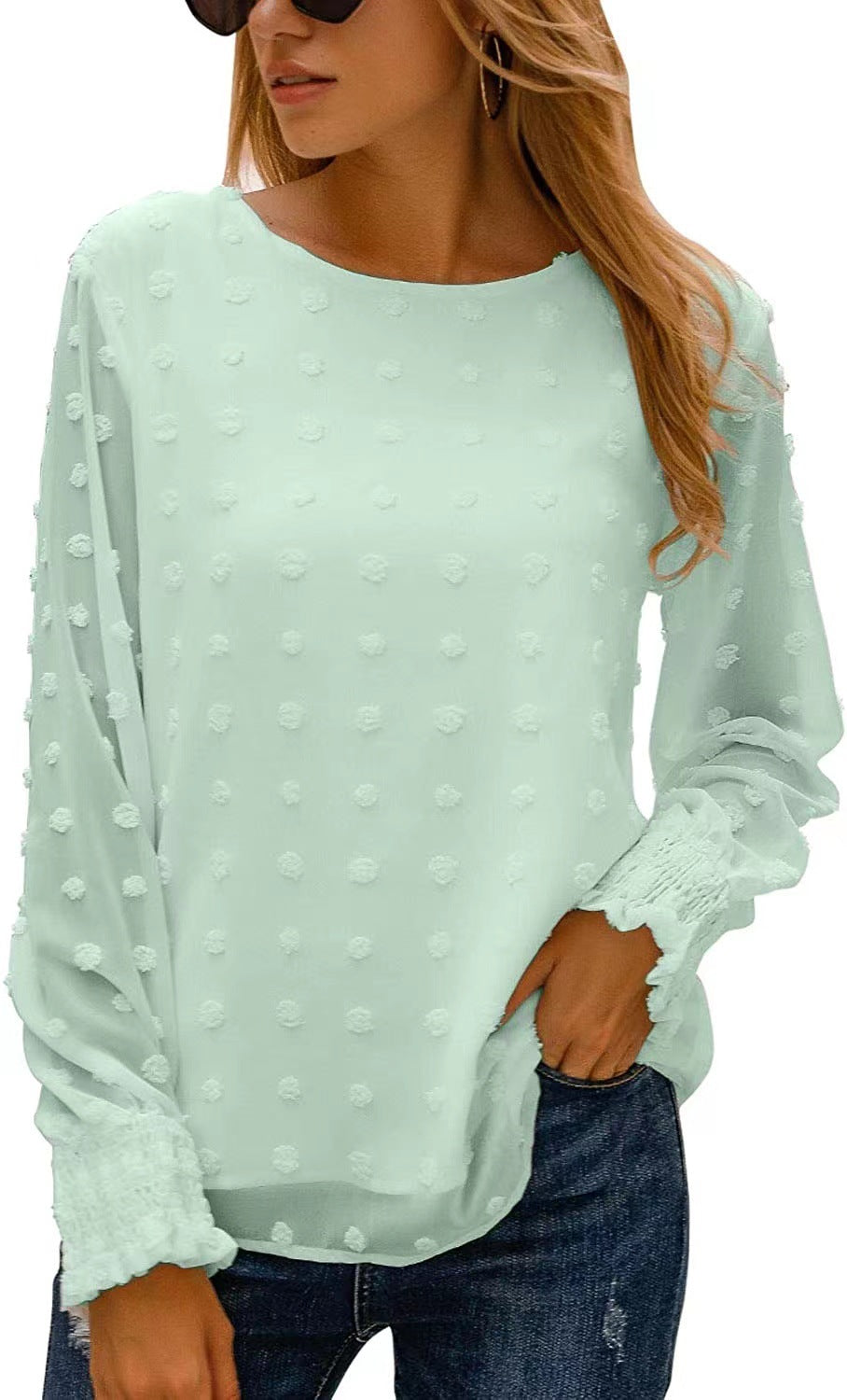 Arrival round Neck Jacquard Chiffon Shirt Loose Women Commuting Wear Autumn Long Sleeved Top