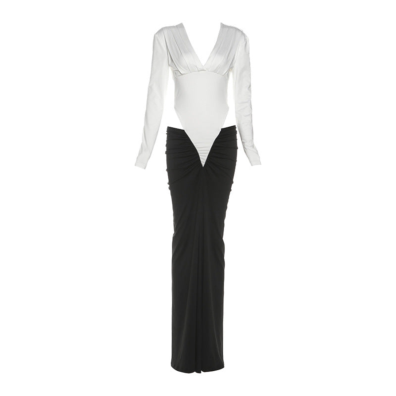 Autumn Winter Women Sexy Deep V Plunge neck Slim Hollow Out Cutout Contrast Color Long Sleeves Elegant Dress Women