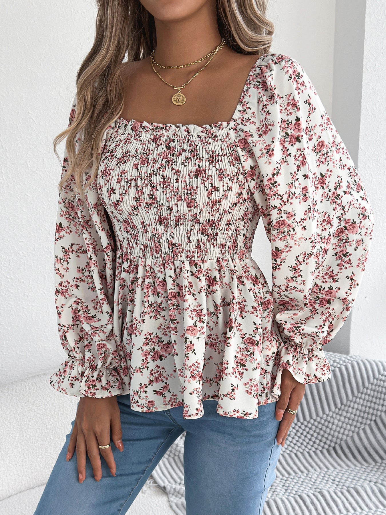 Spring Summer Casual Square Collar Bell Sleeve Floral Chiffon Shirt Holiday Top Women Clothing