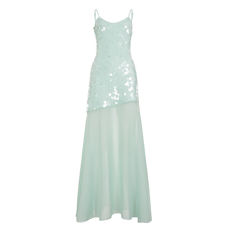 Seaside Mermaid Sequin Sling Maxi Dress Evening Dress Women Sexy Backless Dress Stitching Dress Women