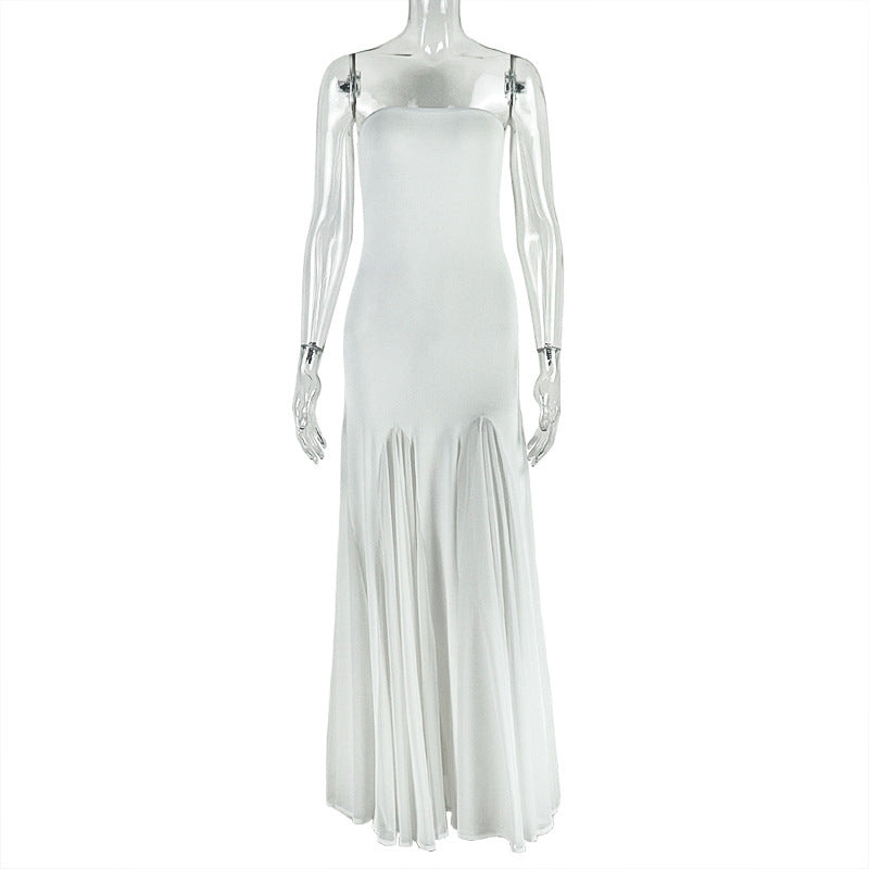 Elegant Women Dress See through Bandeau Slim Fit A line Off Neck Solid Color Dress Evening Dress