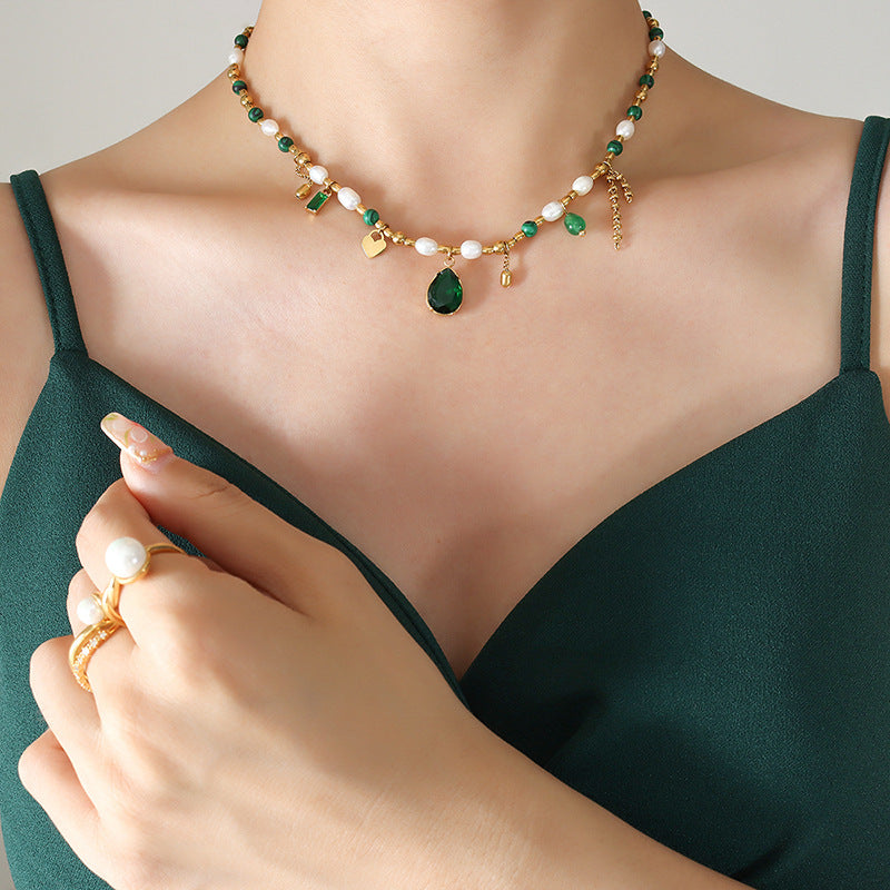 Court Non Fading Design Elegant Graceful Personality Freshwater Pearl Zircon Jade Turquoise Embellished Necklace