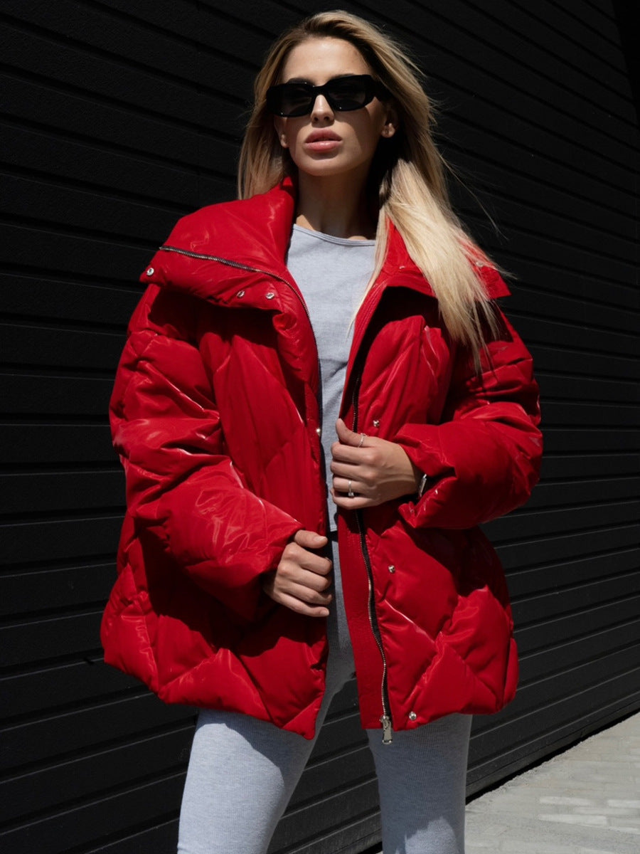 Rhombus Cotton Padded Jacket Women Clothing Autumn Winter Baggy Coat Matte Glossy Collared Cotton Padded Coat Casual Jacket