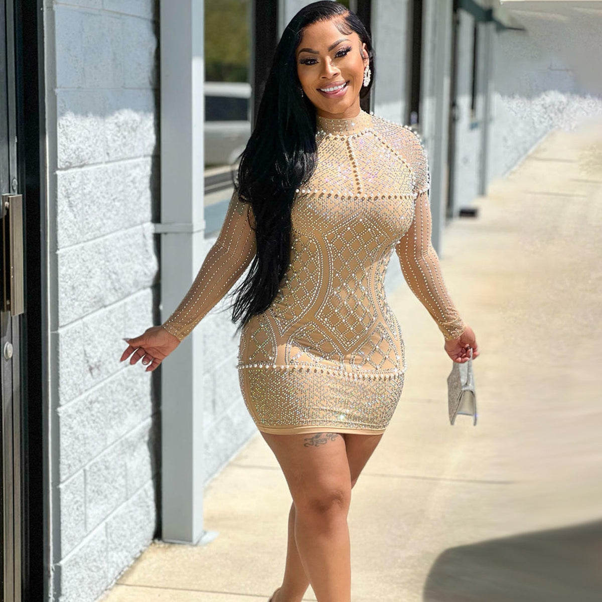 Summer Women Clothing Sexy Mesh Nightclub Rhinestone Long Sleeve Beaded Dress