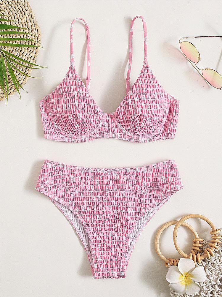 Sexy Printed Steel Bracket Beach Split Bikini High Waist Special Fabric Swimsuit Swimwear Women