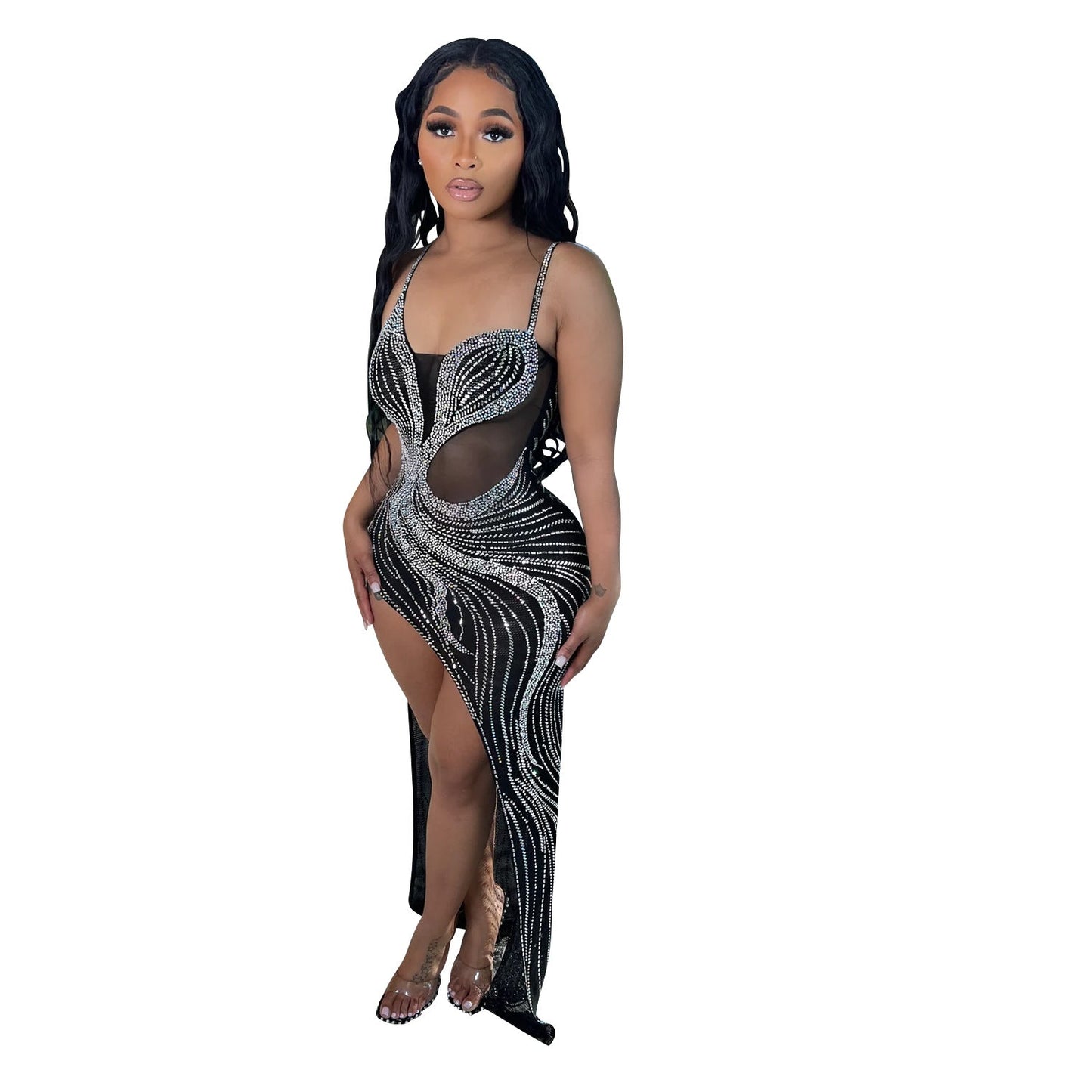 Summer Women Clothing Sexy Mesh Rhinestone Night Club Slip Dress Women