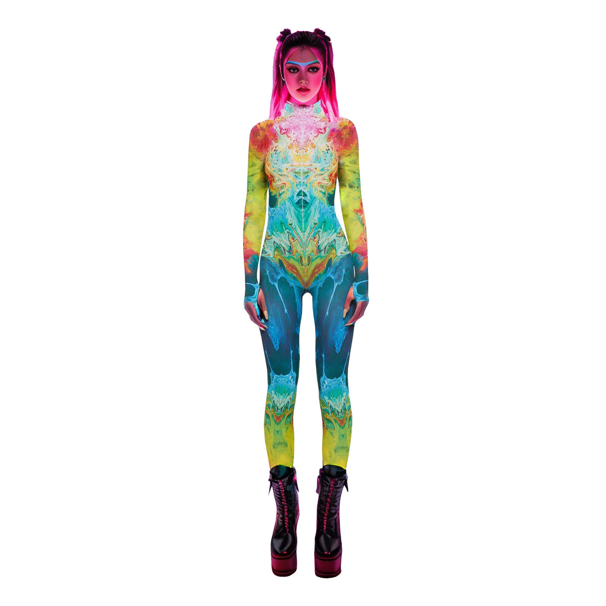 Women Clothing Y2g Printing Finger Fit Design Zipper Stretch Slim Fit Bodysuit