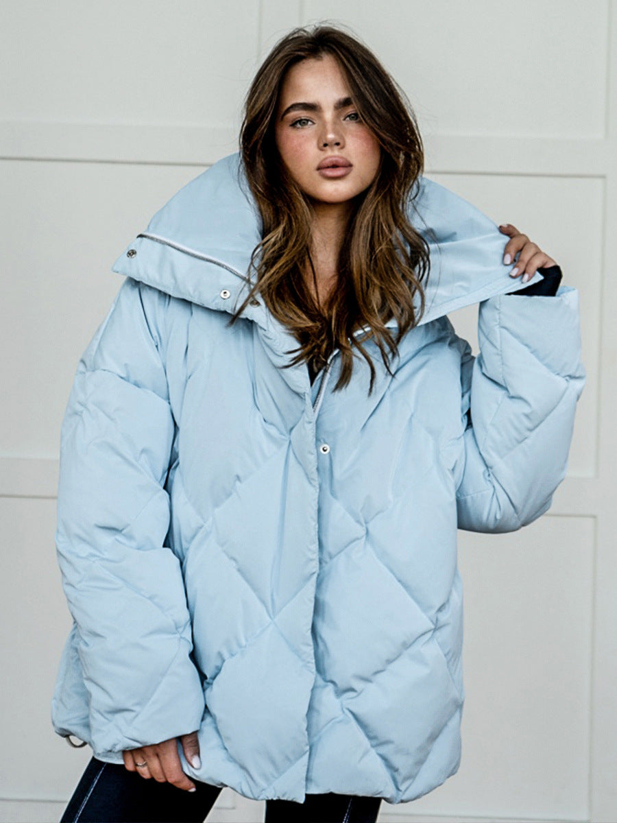 Rhombus Cotton Padded Jacket Women Clothing Autumn Winter Baggy Coat Matte Glossy Collared Cotton Padded Coat Casual Jacket