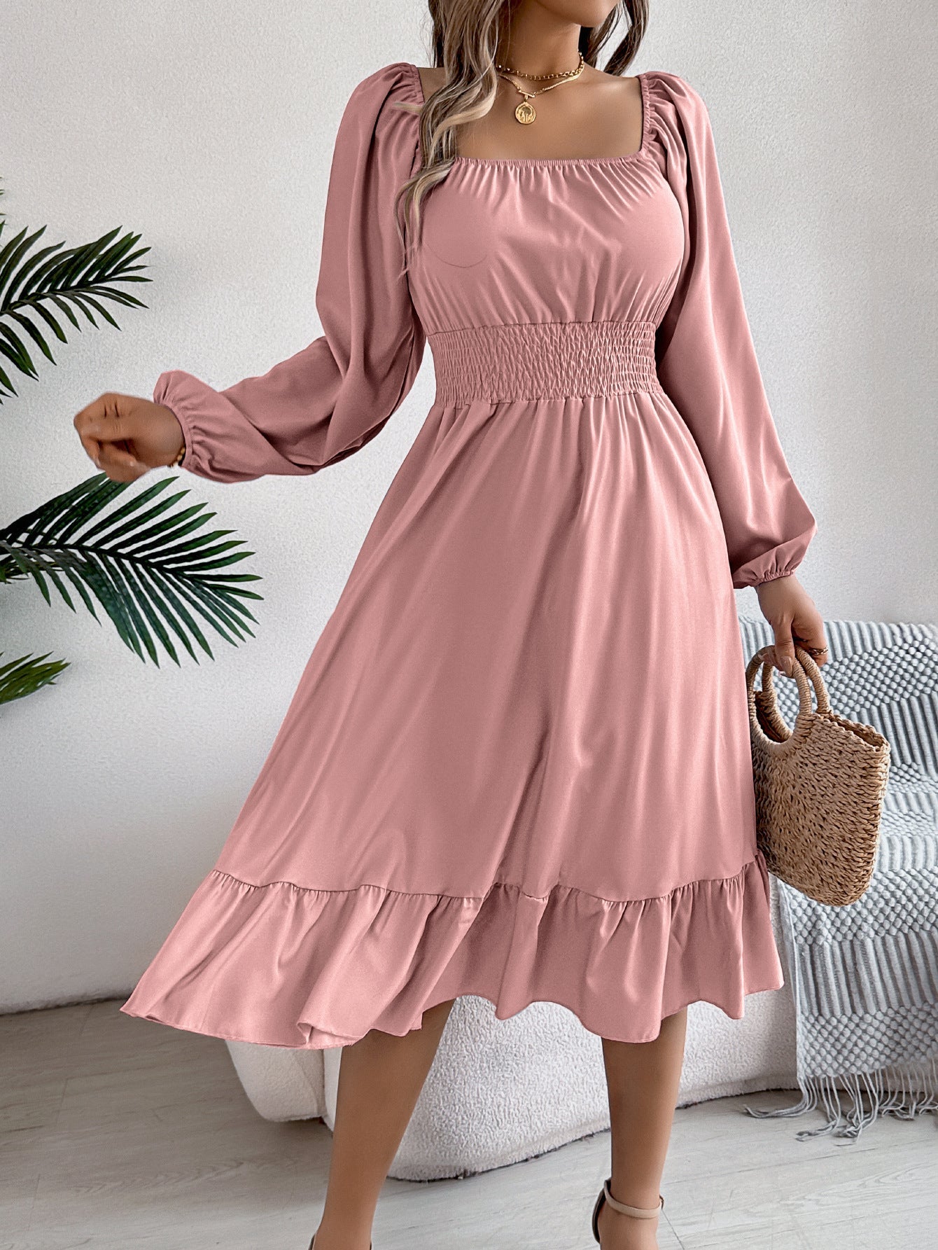 Spring Summer Casual Solid Color Square Collar Long Sleeve Waist Trimming Ruffles A line Dress Women Clothing