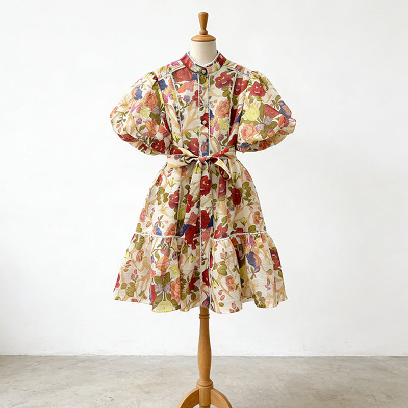 French Casual Printed Dress Small Stand Collar Single Breasted Puff Sleeve Lace up Cinched Short Dress Women