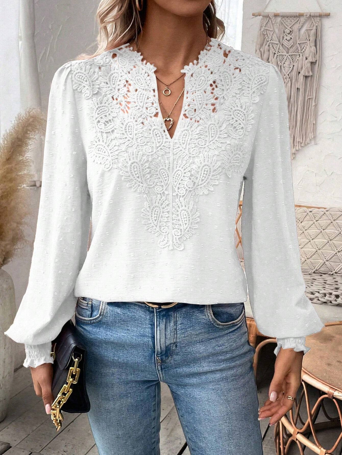 Autumn Winter V neck Lace Solid Color Long Sleeve Casual T Women Top