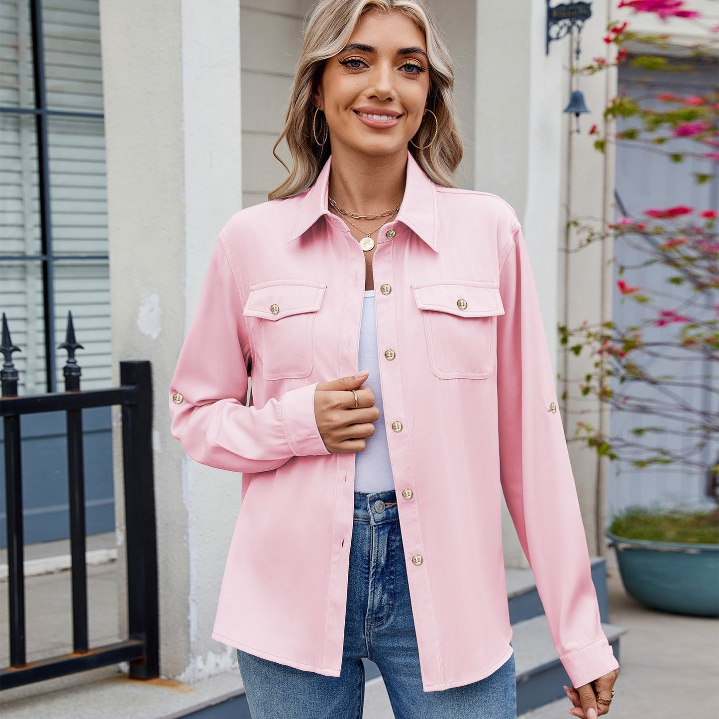 Women Clothing Spring Summer Casual Long Sleeved Adjustable Shirt Top