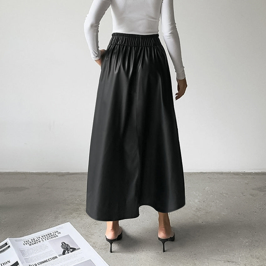 Wine Red Fleece lined Artificial Leather a Swing High Waist Skirt Autumn Winter Leather Skirt