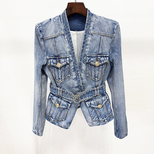 Early Autumn Stars Slim Fit Belt Washed Denim Blazer Jacket