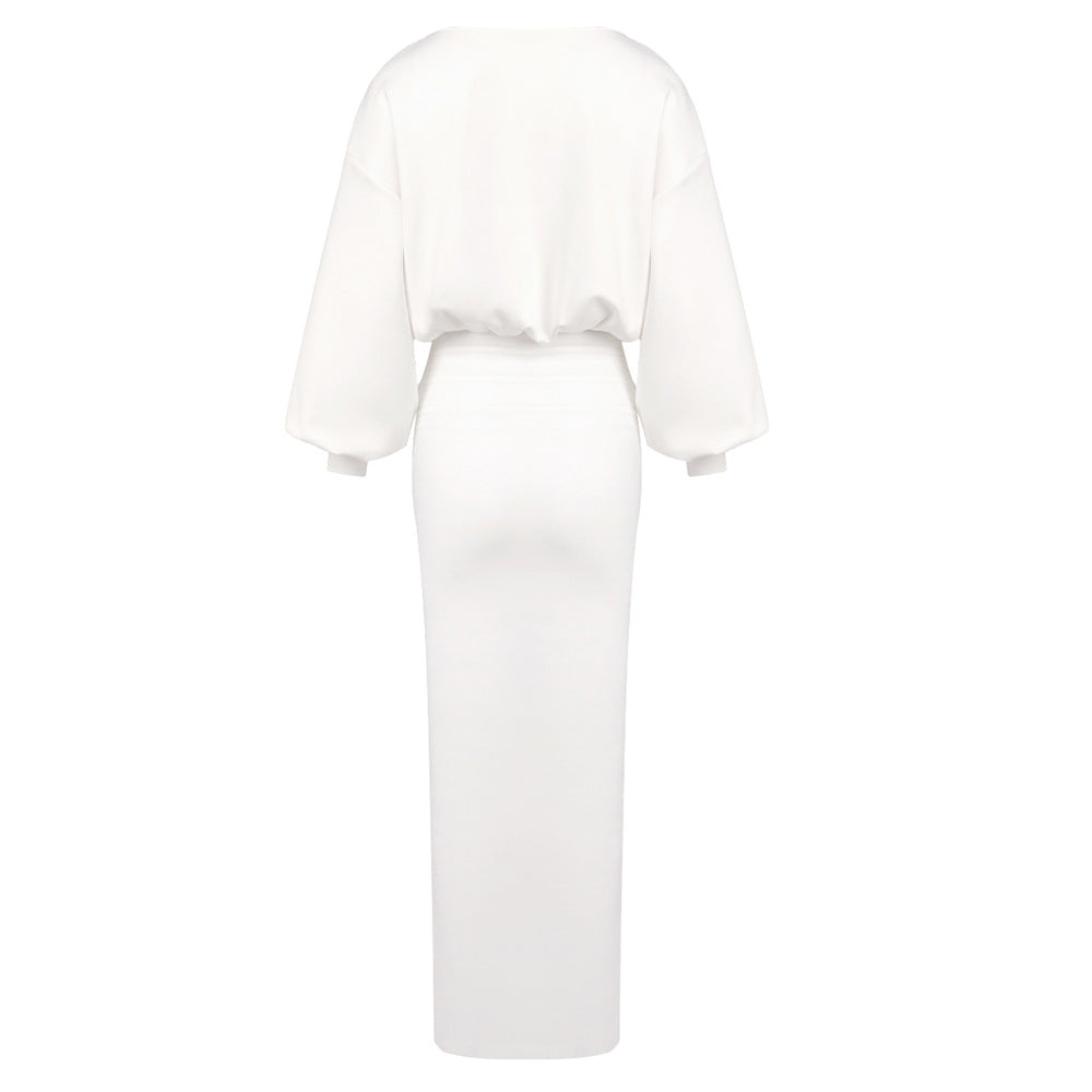Women White Autumn Winter Extended Slimming High Elastic Maxi Dress Hip Dress Long Sleeve Dress