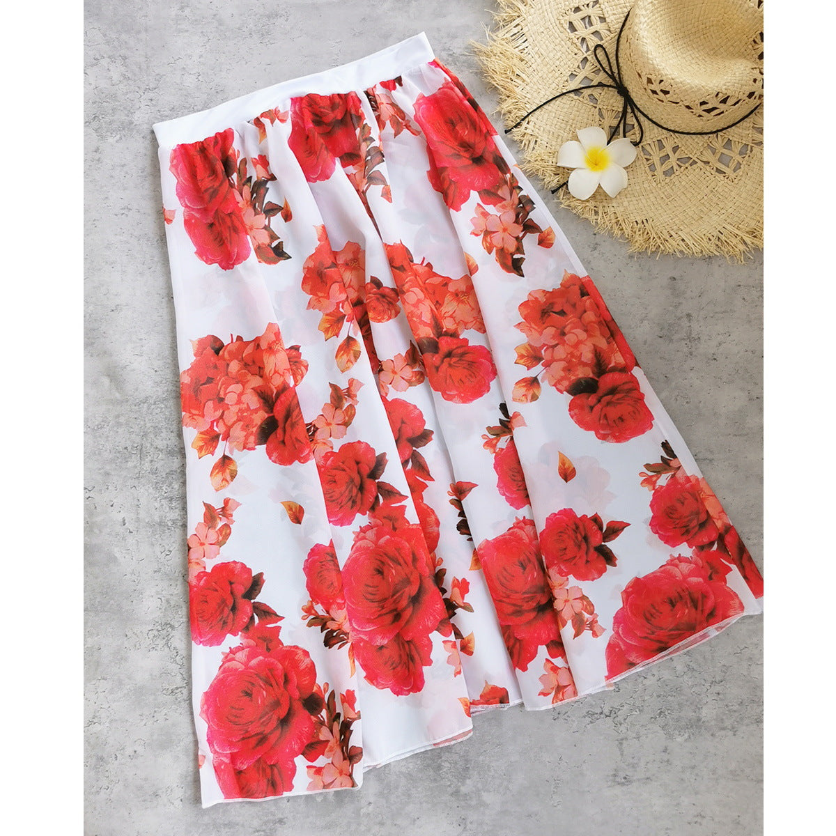 Retro Printed Lace Band Tube Top Slip on Split Swimsuit Women Half Length Mesh Skirt Set Bikini