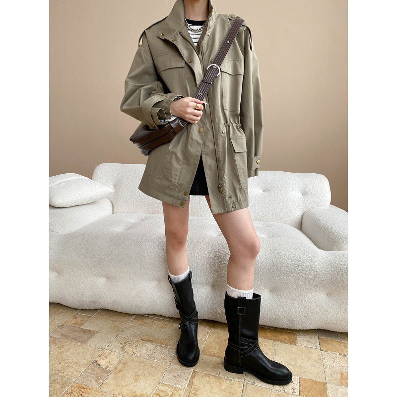Fashionable Street Retro Design Stand Collar Profile Casual Overall Trench Coat