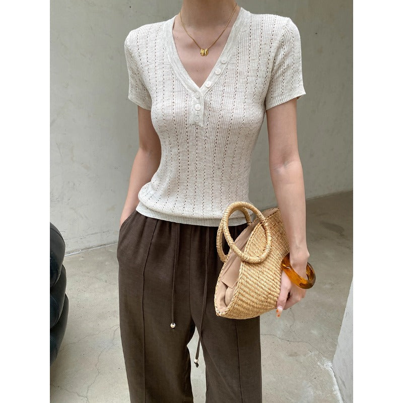 Smart Blogger Linen Half Button V neck Slim Slimming Hollow Out Cutout Short Sleeve Sweater