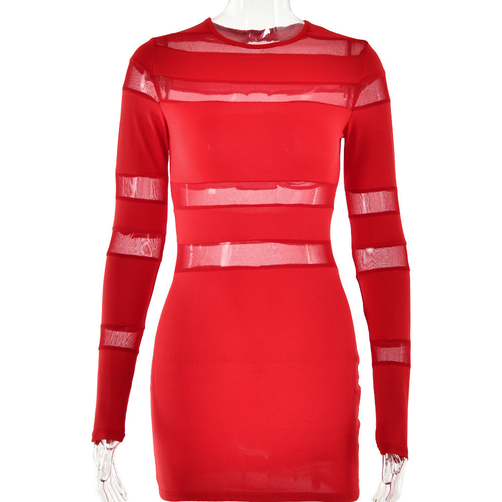Spring See Through Patchwork Round Neck Dress Women Street Shooting Sexy Long Sleeve Hip Dress